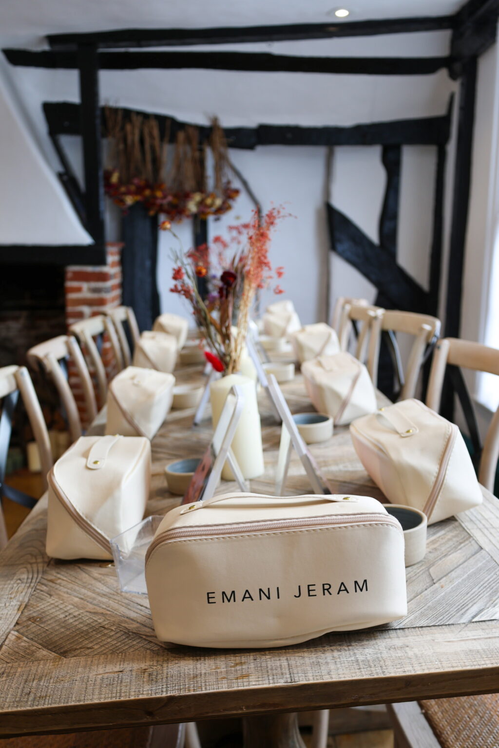 Event table set with Emani Jeram cosmetic bags